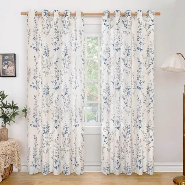 Main image of Linen Curtains for Living Room 84 Inch Length 2 Panels, Floral Leaf Patterns, Light Filtering Window Privacy Boho Curtains for Vintage Farmhouse Dining Room, Each 60 Inch Wide, Navy
