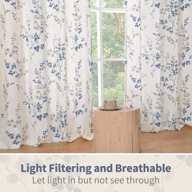 Alt view image 5 of 7 - Linen Curtains for Living Room 84 Inch Length 2 Panels, Floral Leaf Patterns, Light Filtering Window Privacy Boho Curtains for Vintage Farmhouse Dining Room, Each 60 Inch Wide, Navy
