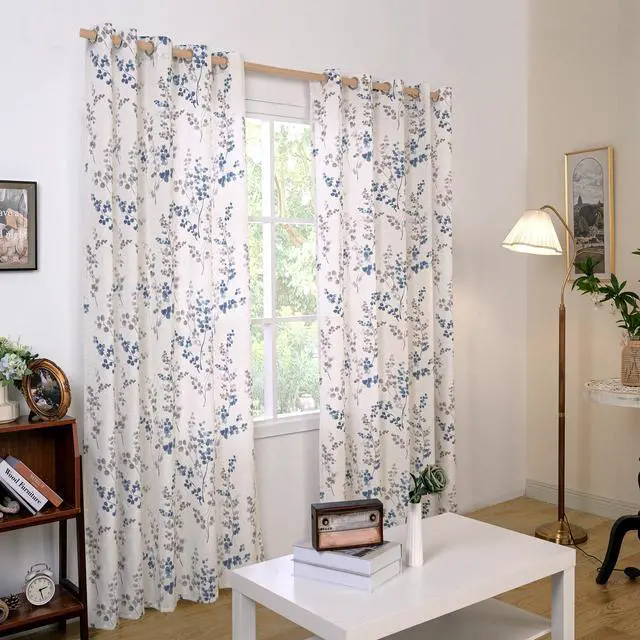 Alt view image 2 of 7 - Linen Curtains for Living Room 84 Inch Length 2 Panels, Floral Leaf Patterns, Light Filtering Window Privacy Boho Curtains for Vintage Farmhouse Dining Room, Each 60 Inch Wide, Navy