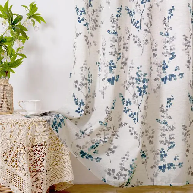 Alt view image 7 of 7 - Linen Curtains for Living Room 84 Inch Length 2 Panels, Floral Leaf Patterns, Light Filtering Window Privacy Boho Curtains for Vintage Farmhouse Dining Room, Each 60 Inch Wide, Navy