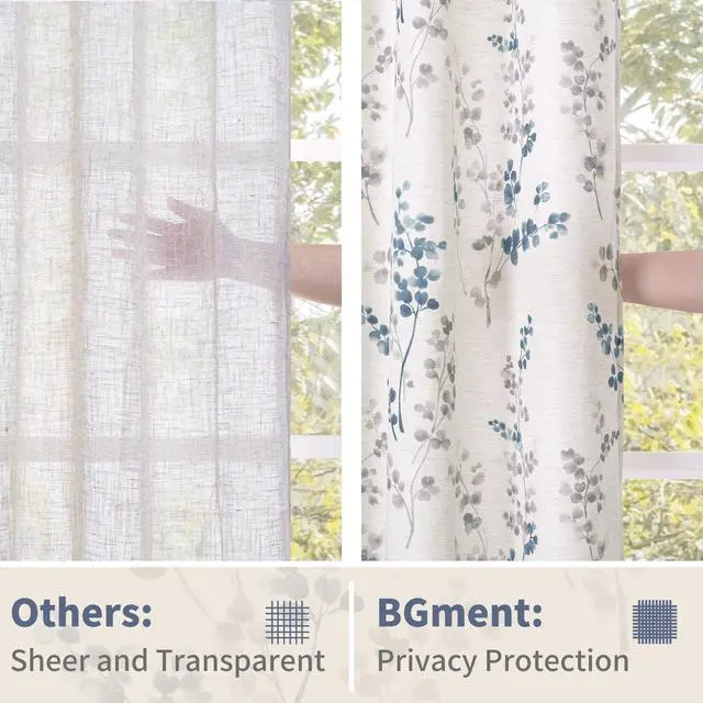 Alt view image 6 of 7 - Linen Curtains for Living Room 84 Inch Length 2 Panels, Floral Leaf Patterns, Light Filtering Window Privacy Boho Curtains for Vintage Farmhouse Dining Room, Each 60 Inch Wide, Navy