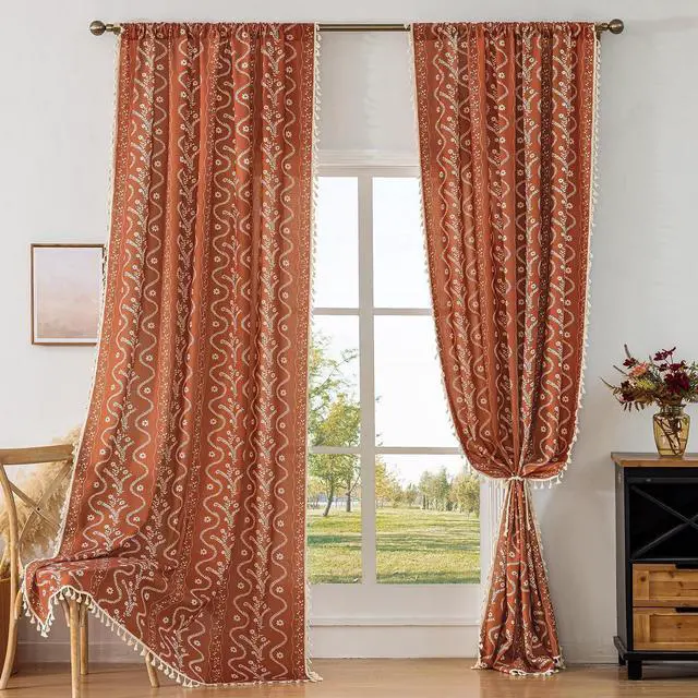 Alt view image 3 of 7 - Burnt Orange Curtains 96 Inch 2 Panels, Vintage Bohemian Pattern Floral Drapes Ceiling to Floor Length Hippie Window Panel Autumn Curtains for Living Room