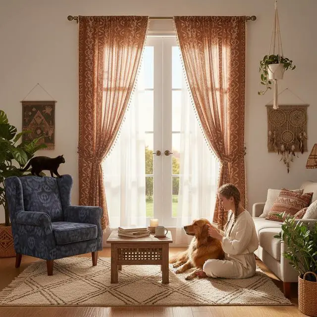 Alt view image 4 of 7 - Burnt Orange Curtains 96 Inch 2 Panels, Vintage Bohemian Pattern Floral Drapes Ceiling to Floor Length Hippie Window Panel Autumn Curtains for Living Room