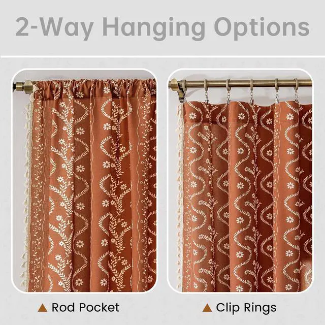 Alt view image 5 of 7 - Burnt Orange Curtains 96 Inch 2 Panels, Vintage Bohemian Pattern Floral Drapes Ceiling to Floor Length Hippie Window Panel Autumn Curtains for Living Room