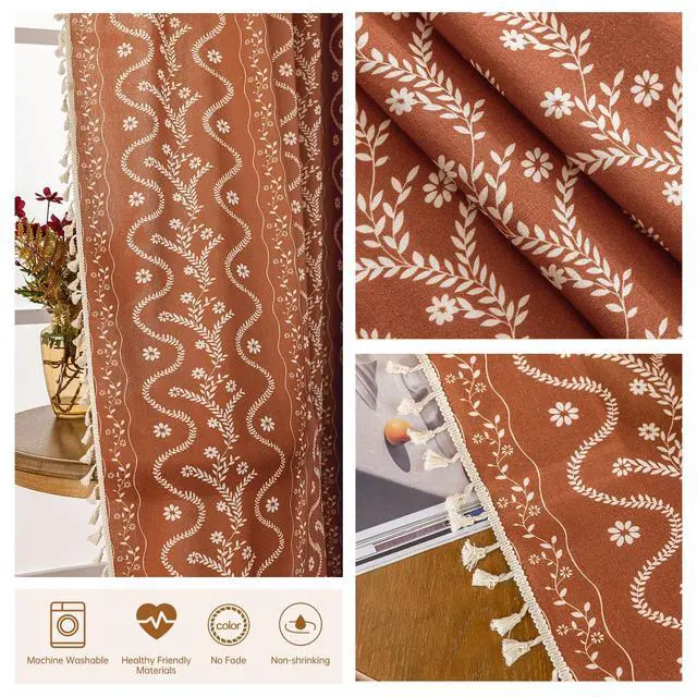 Alt view image 6 of 7 - Burnt Orange Curtains 96 Inch 2 Panels, Vintage Bohemian Pattern Floral Drapes Ceiling to Floor Length Hippie Window Panel Autumn Curtains for Living Room