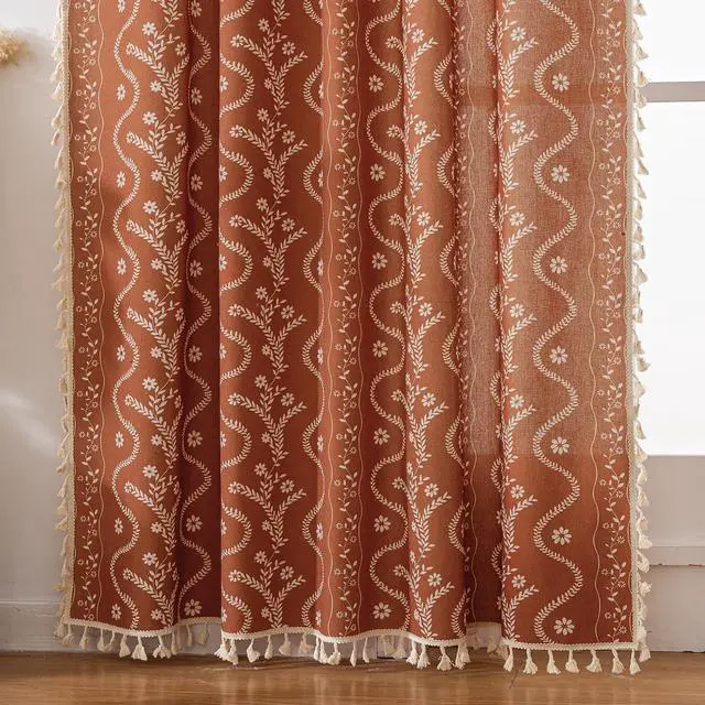 Alt view image 7 of 7 - Burnt Orange Curtains 96 Inch 2 Panels, Vintage Bohemian Pattern Floral Drapes Ceiling to Floor Length Hippie Window Panel Autumn Curtains for Living Room