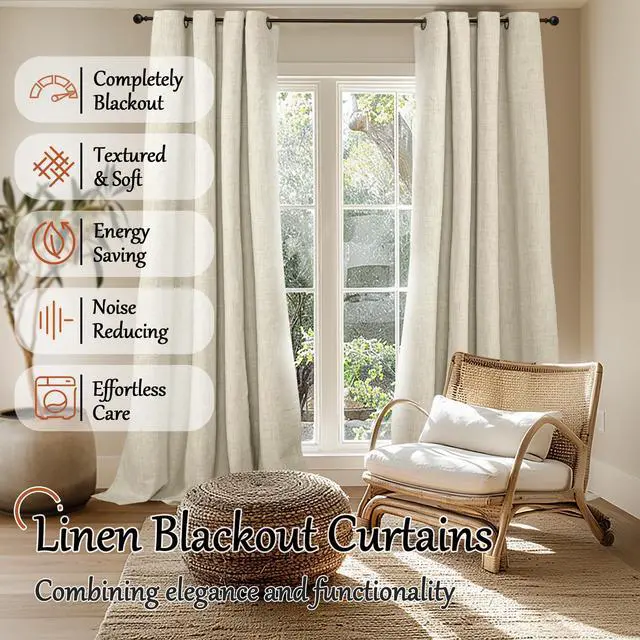 Alt view image 2 of 7 - 60 Inch Wide Linen Blackout Curtains for Living Room/Bedroom 84 Inch Length 2 Panels, Total Black Out Thermal Insulated Soundproof Grommet Boho Window Drapes White Liner for Modern Farmhouse, Natural