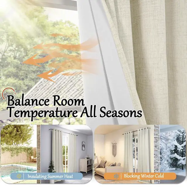 Alt view image 6 of 7 - 60 Inch Wide Linen Blackout Curtains for Living Room/Bedroom 84 Inch Length 2 Panels, Total Black Out Thermal Insulated Soundproof Grommet Boho Window Drapes White Liner for Modern Farmhouse, Natural