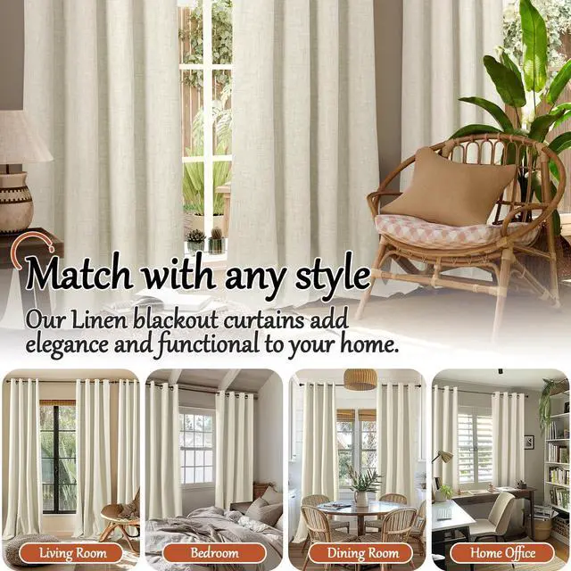 Alt view image 7 of 7 - 60 Inch Wide Linen Blackout Curtains for Living Room/Bedroom 84 Inch Length 2 Panels, Total Black Out Thermal Insulated Soundproof Grommet Boho Window Drapes White Liner for Modern Farmhouse, Natural