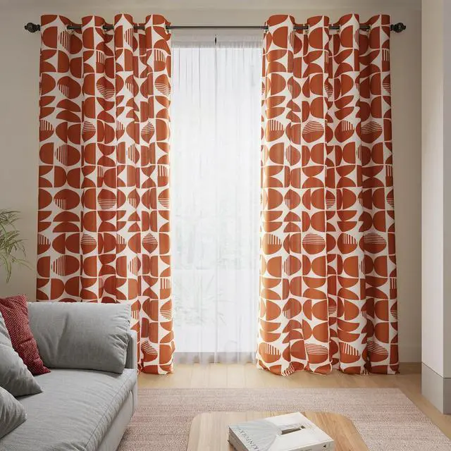 Main image of Orange Mid-Century Modern Farmhouse Living Room Curtains, Light Filtering 84 Inches Long 2 Panels Set Grommet Patterned Drapes Window Treatment for Dining Room Bedroom