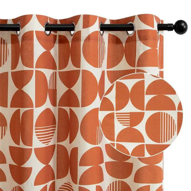 Alt view image 2 of 7 - Orange Mid-Century Modern Farmhouse Living Room Curtains, Light Filtering 84 Inches Long 2 Panels Set Grommet Patterned Drapes Window Treatment for Dining Room Bedroom
