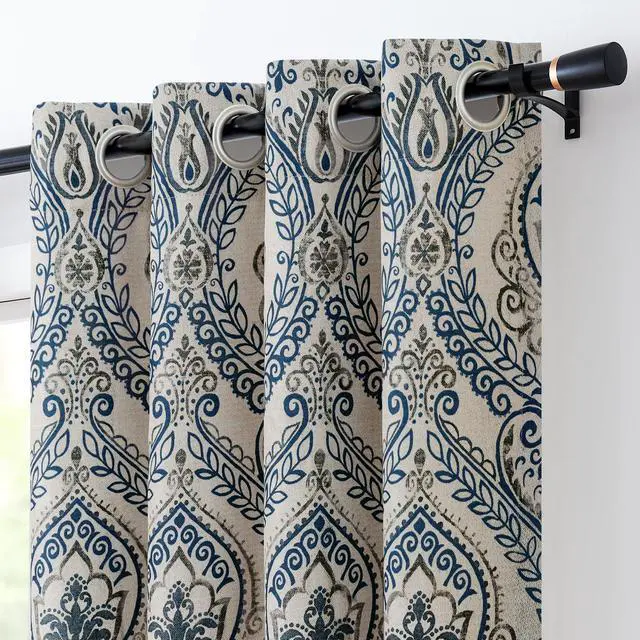 Main image of Vintage Damask Blue Curtains 84 Inch Long Blackout Curtains Linen Textured Floral Paisley Medallion Print for Bedroom Living Room Darkening Drapes Window Treatment 2 Panels Navy on Beige