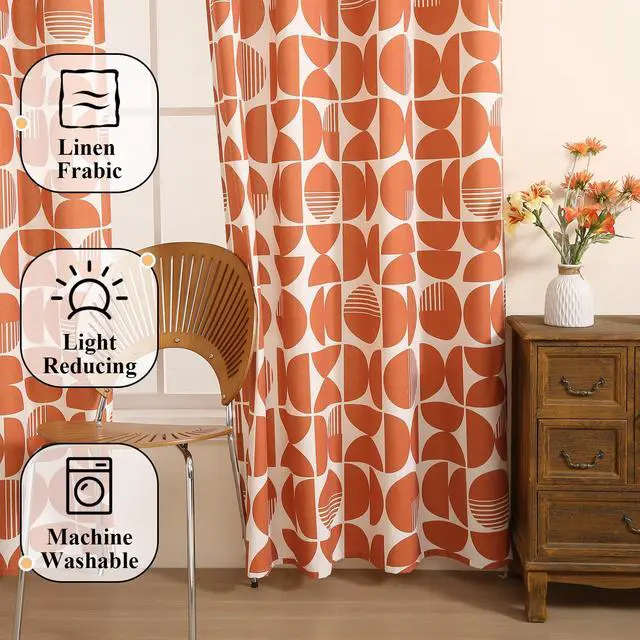 Alt view image 4 of 7 - Orange Mid-Century Modern Farmhouse Living Room Curtains, Light Filtering 84 Inches Long 2 Panels Set Grommet Patterned Drapes Window Treatment for Dining Room Bedroom