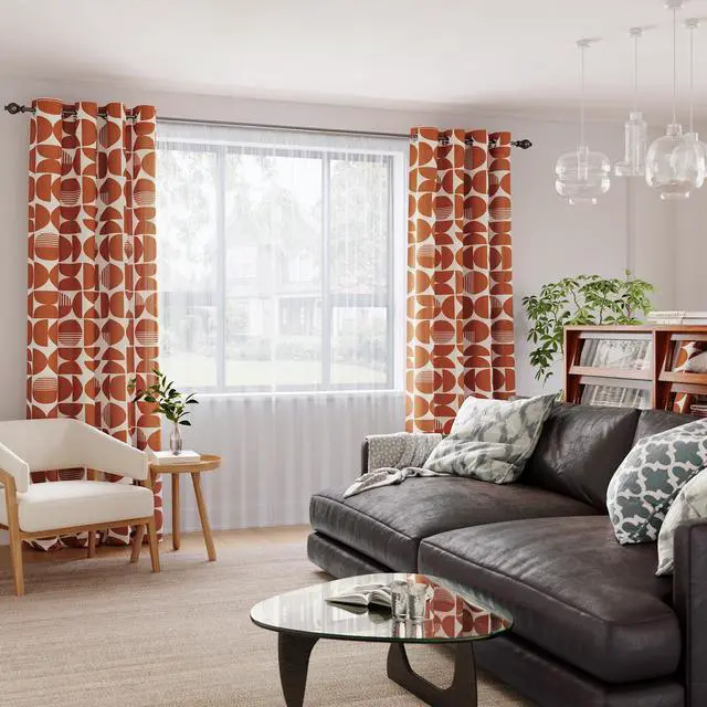 Alt view image 6 of 7 - Orange Mid-Century Modern Farmhouse Living Room Curtains, Light Filtering 84 Inches Long 2 Panels Set Grommet Patterned Drapes Window Treatment for Dining Room Bedroom