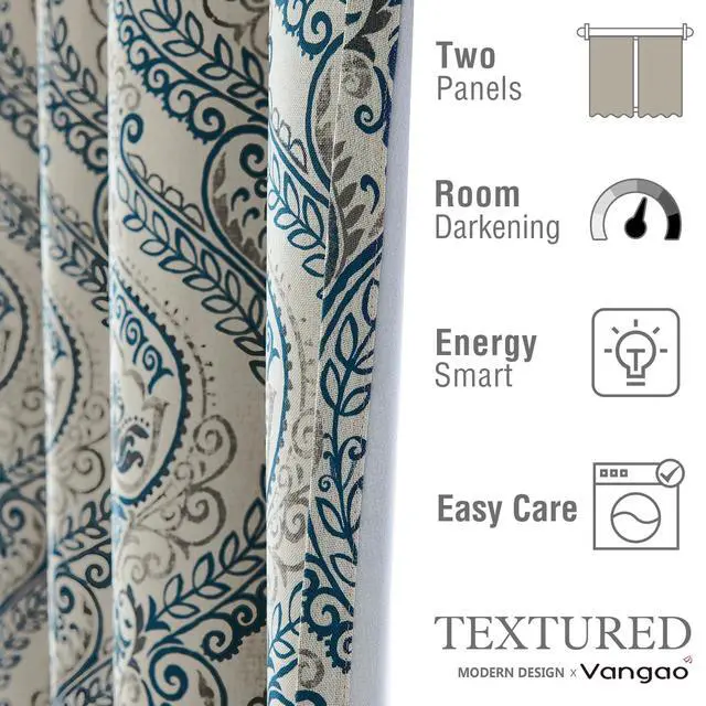 Alt view image 7 of 7 - Vintage Damask Blue Curtains 84 Inch Long Blackout Curtains Linen Textured Floral Paisley Medallion Print for Bedroom Living Room Darkening Drapes Window Treatment 2 Panels Navy on Beige