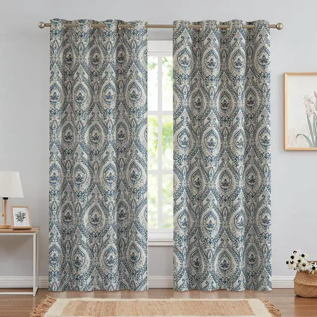 Alt view image 2 of 7 - Vintage Damask Blue Curtains 84 Inch Long Blackout Curtains Linen Textured Floral Paisley Medallion Print for Bedroom Living Room Darkening Drapes Window Treatment 2 Panels Navy on Beige