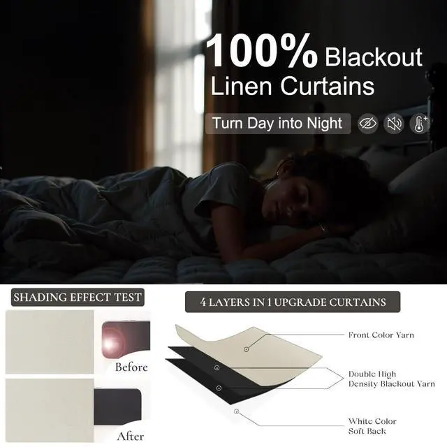 Alt view image 4 of 7 - Flax Linen Blackout Living Room Curtain 84 Inch Long 2 Panel Tan Beige Black Out Burlap Farmhouse Insulated Thermal Curtain for Summer Heat Nursery Room Darkening Drapes Bedroom Back Tab 52x84 Length