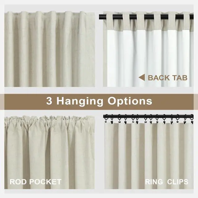 Alt view image 5 of 7 - Flax Linen Blackout Living Room Curtain 84 Inch Long 2 Panel Tan Beige Black Out Burlap Farmhouse Insulated Thermal Curtain for Summer Heat Nursery Room Darkening Drapes Bedroom Back Tab 52x84 Length