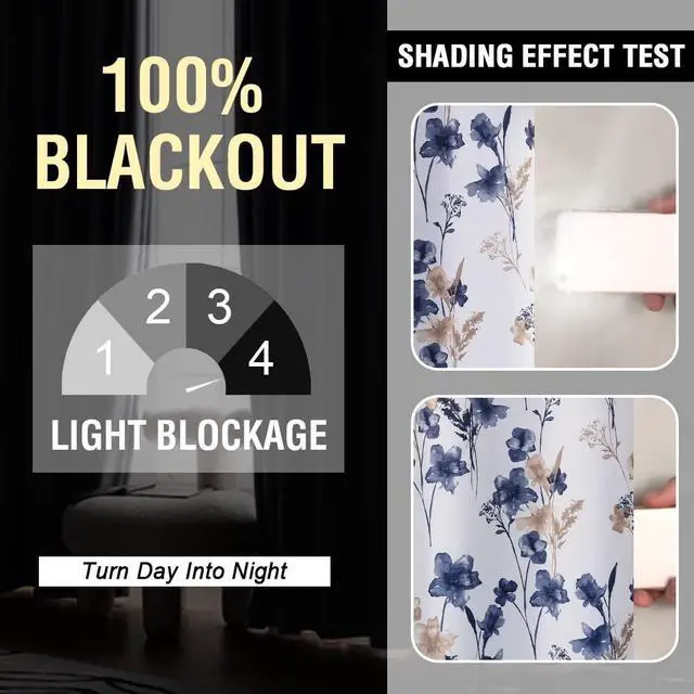 Alt view image 2 of 7 - 100% Blackout Curtains 84 inch Length 2 Panels Set Cattleya Floral Printed Drapes Leah Floral Thermal Curtains for Bedroom with Black Liner Sound Proof Curtains, Navy and Taupe