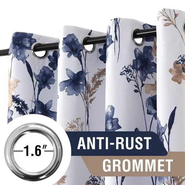 Alt view image 3 of 7 - 100% Blackout Curtains 84 inch Length 2 Panels Set Cattleya Floral Printed Drapes Leah Floral Thermal Curtains for Bedroom with Black Liner Sound Proof Curtains, Navy and Taupe