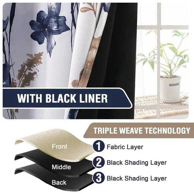 Alt view image 5 of 7 - 100% Blackout Curtains 84 inch Length 2 Panels Set Cattleya Floral Printed Drapes Leah Floral Thermal Curtains for Bedroom with Black Liner Sound Proof Curtains, Navy and Taupe