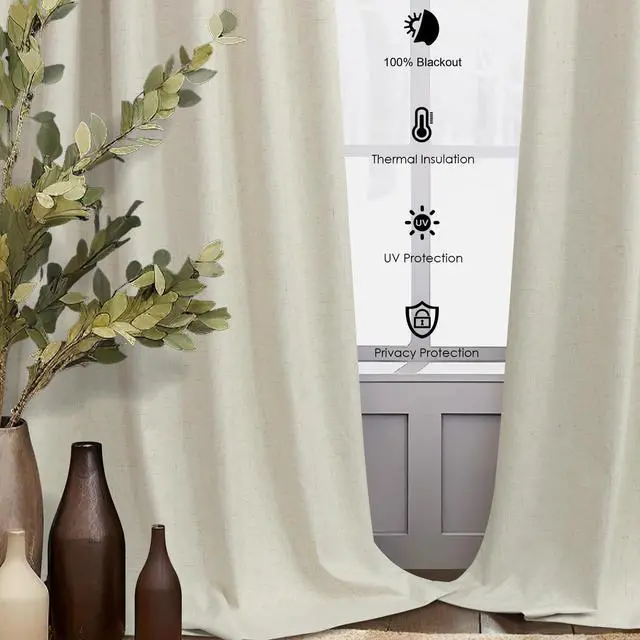 Alt view image 6 of 7 - Flax Linen Blackout Living Room Curtain 84 Inch Long 2 Panel Tan Beige Black Out Burlap Farmhouse Insulated Thermal Curtain for Summer Heat Nursery Room Darkening Drapes Bedroom Back Tab 52x84 Length