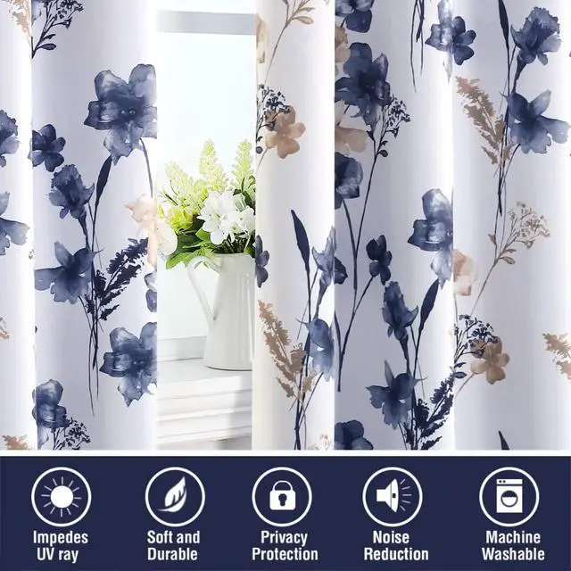Alt view image 7 of 7 - 100% Blackout Curtains 84 inch Length 2 Panels Set Cattleya Floral Printed Drapes Leah Floral Thermal Curtains for Bedroom with Black Liner Sound Proof Curtains, Navy and Taupe