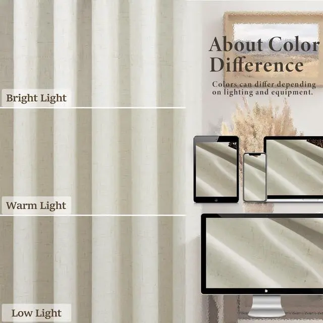 Alt view image 7 of 7 - Flax Linen Blackout Living Room Curtain 84 Inch Long 2 Panel Tan Beige Black Out Burlap Farmhouse Insulated Thermal Curtain for Summer Heat Nursery Room Darkening Drapes Bedroom Back Tab 52x84 Length