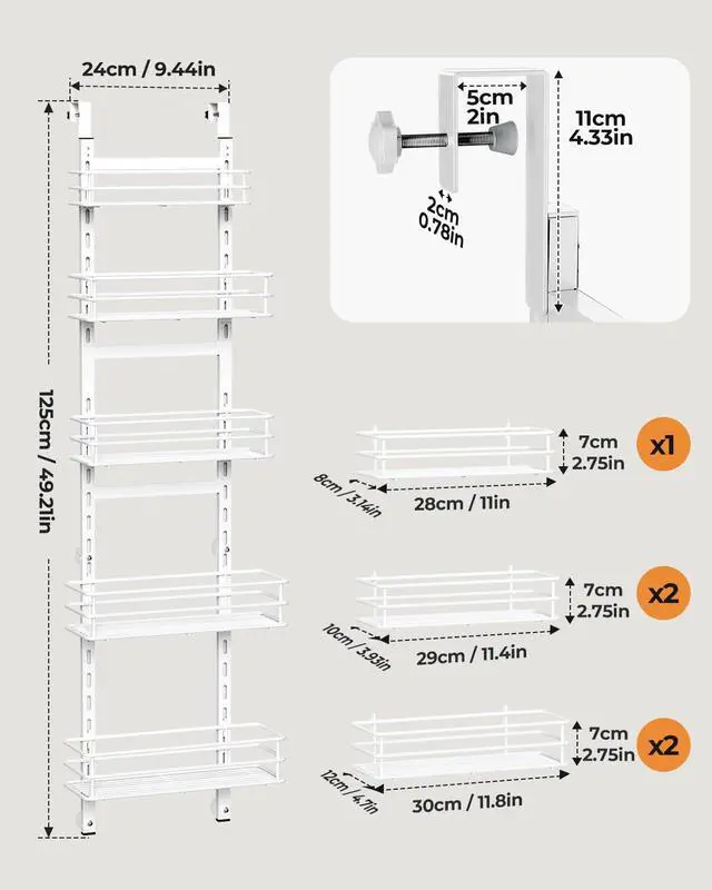 Alt view image 2 of 7 - Adjustable 5-Tier Over the Door Pantry Organizer, Spice Rack, Narrow Hanging Shelf for Kitchen Storage and Organization (White)