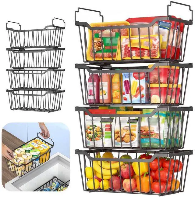 Main image of Freezer Organizer Bins with Foldable Handle, 8 Pack Stackable Freezer Baskets for 3.5-7 Cu.FT Deep Chest Freezer Organization, Coated Metal Freezer Storage Bins with Better Space Utilization