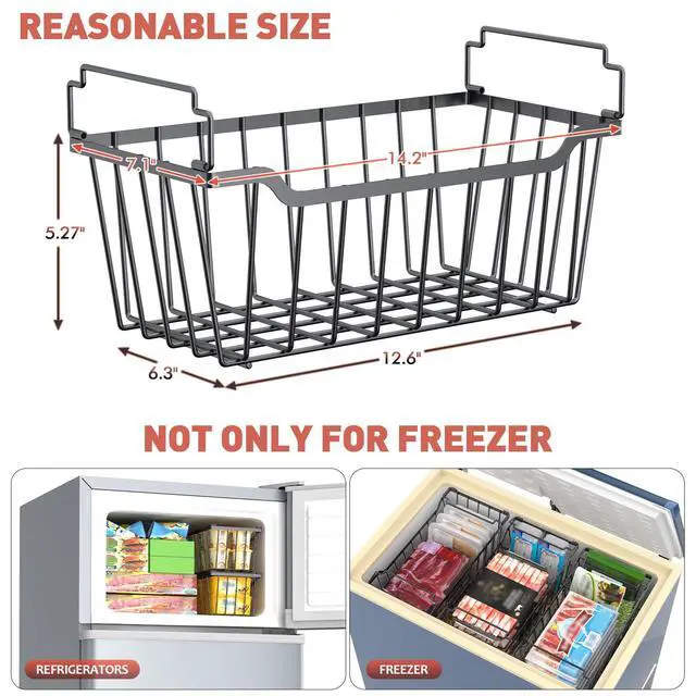 Alt view image 2 of 7 - Freezer Organizer Bins with Foldable Handle, 8 Pack Stackable Freezer Baskets for 3.5-7 Cu.FT Deep Chest Freezer Organization, Coated Metal Freezer Storage Bins with Better Space Utilization