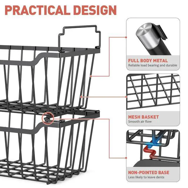 Alt view image 3 of 7 - Freezer Organizer Bins with Foldable Handle, 8 Pack Stackable Freezer Baskets for 3.5-7 Cu.FT Deep Chest Freezer Organization, Coated Metal Freezer Storage Bins with Better Space Utilization