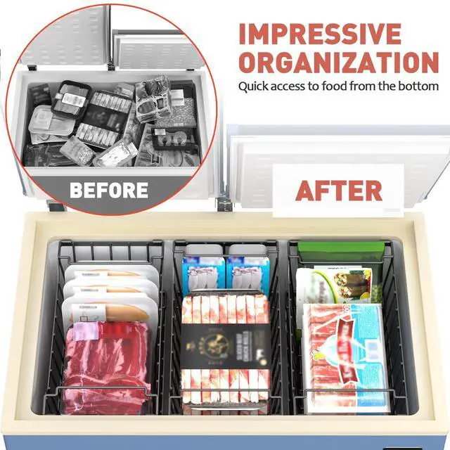 Alt view image 5 of 7 - Freezer Organizer Bins with Foldable Handle, 8 Pack Stackable Freezer Baskets for 3.5-7 Cu.FT Deep Chest Freezer Organization, Coated Metal Freezer Storage Bins with Better Space Utilization