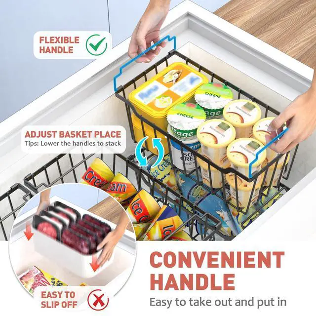 Alt view image 4 of 7 - Freezer Organizer Bins with Foldable Handle, 8 Pack Stackable Freezer Baskets for 3.5-7 Cu.FT Deep Chest Freezer Organization, Coated Metal Freezer Storage Bins with Better Space Utilization