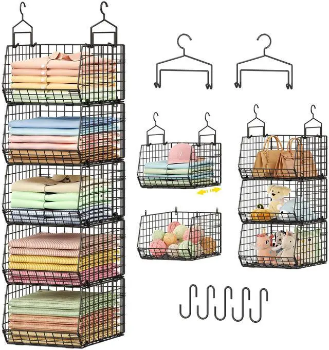 Main image of Capacity Upgrade Edition Deeper 4'' 5 Tier Foldable Hanging Closet Organizer and StorageWire Cabinet Shelves and Rack with 5 S Hooks,Stackable Metal Basket Bins for Clothes Shoe Purse,Black