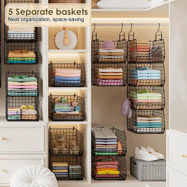 Alt view image 2 of 7 - Capacity Upgrade Edition Deeper 4'' 5 Tier Foldable Hanging Closet Organizer and StorageWire Cabinet Shelves and Rack with 5 S Hooks,Stackable Metal Basket Bins for Clothes Shoe Purse,Black