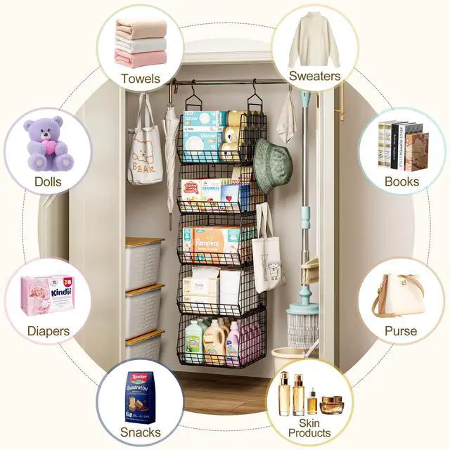 Alt view image 6 of 7 - Capacity Upgrade Edition Deeper 4'' 5 Tier Foldable Hanging Closet Organizer and StorageWire Cabinet Shelves and Rack with 5 S Hooks,Stackable Metal Basket Bins for Clothes Shoe Purse,Black
