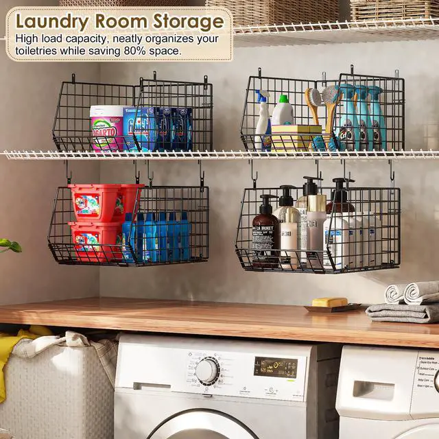 Alt view image 7 of 7 - Capacity Upgrade Edition Deeper 4'' 5 Tier Foldable Hanging Closet Organizer and StorageWire Cabinet Shelves and Rack with 5 S Hooks,Stackable Metal Basket Bins for Clothes Shoe Purse,Black
