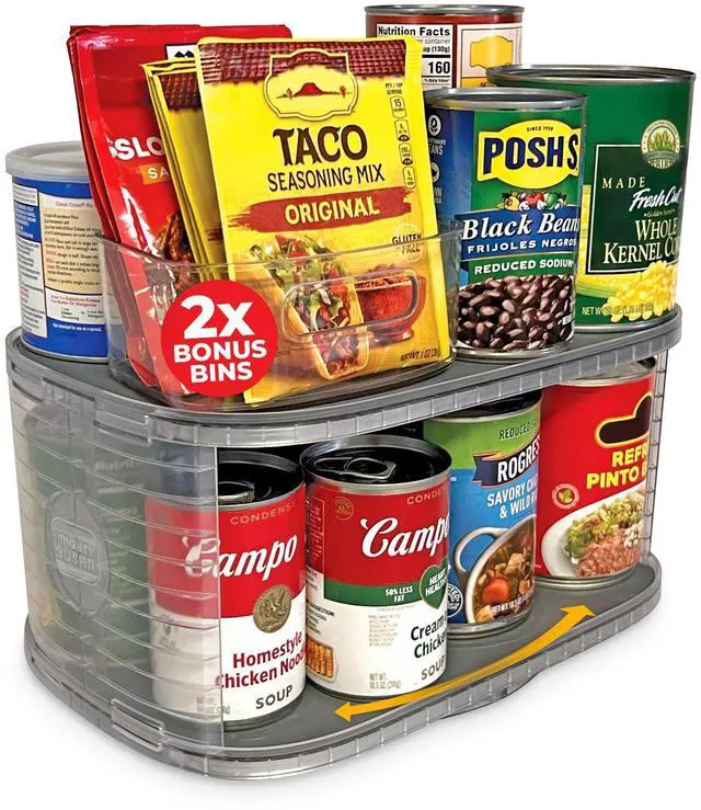 Main image of 2-Tier Lazy Susan Pantry Organizer Steel Reinforced Turntable for Kitchen Cabinets & Pantry Storage Heavy-Duty Can Organizer Holds Up to 30 lbs Rotates 360° Includes 2 Bonus Bins