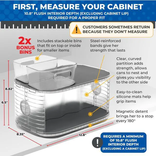 Alt view image 2 of 7 - 2-Tier Lazy Susan Pantry Organizer Steel Reinforced Turntable for Kitchen Cabinets & Pantry Storage Heavy-Duty Can Organizer Holds Up to 30 lbs Rotates 360° Includes 2 Bonus Bins