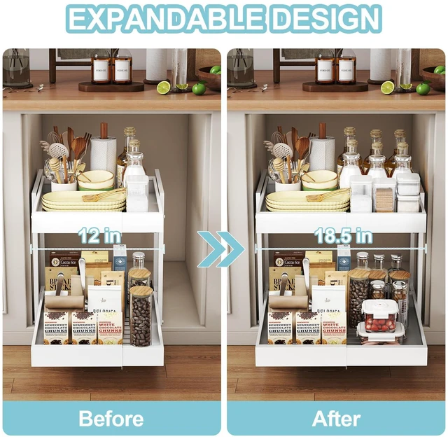Alt view image 3 of 7 - 2-Tier Expandable Pull Out Cabinet Organizer, Cabinet Drawers, 21"D | Cabinet Pull Out shelves, Adjustable Pantry Drawers, Slide Out Drawers for Kitchen Cabinets, Under Sink Organizer,Large White