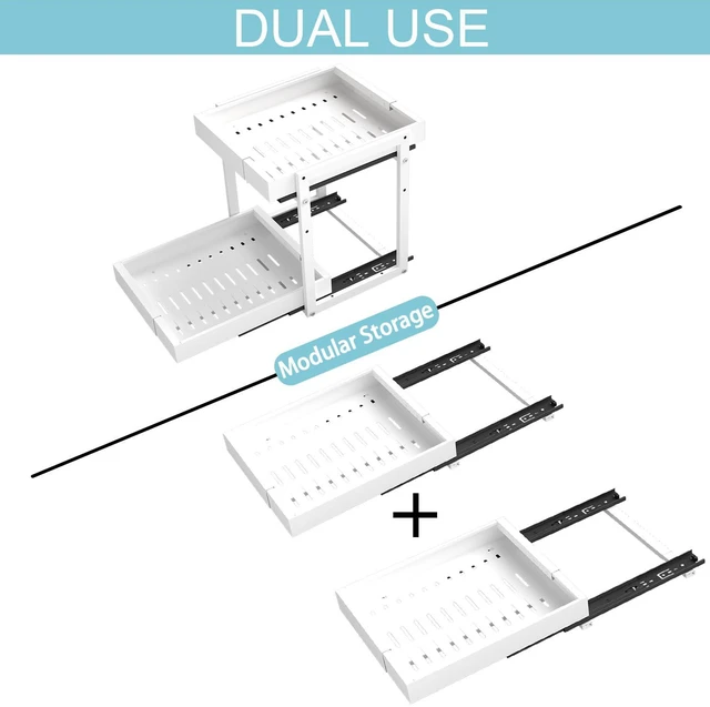 Alt view image 6 of 7 - 2-Tier Expandable Pull Out Cabinet Organizer, Cabinet Drawers, 21"D | Cabinet Pull Out shelves, Adjustable Pantry Drawers, Slide Out Drawers for Kitchen Cabinets, Under Sink Organizer,Large White
