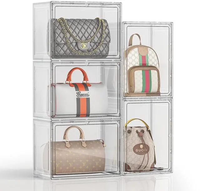 Main image of 5 Pack Purse Organizer for Closet, Handbag Storage Organizer Stackable Display Case with Magnetic Door, Closet Storage Bins for Handbag, Purse, Backpack, Collectibles, White