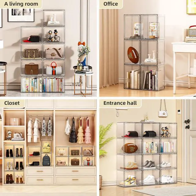 Alt view image 3 of 7 - 5 Pack Purse Organizer for Closet, Handbag Storage Organizer Stackable Display Case with Magnetic Door, Closet Storage Bins for Handbag, Purse, Backpack, Collectibles, White