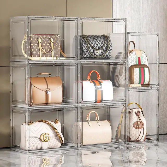 Alt view image 4 of 7 - 5 Pack Purse Organizer for Closet, Handbag Storage Organizer Stackable Display Case with Magnetic Door, Closet Storage Bins for Handbag, Purse, Backpack, Collectibles, White