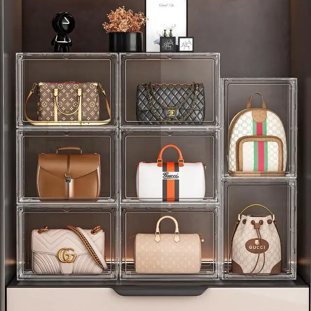 Alt view image 5 of 7 - 5 Pack Purse Organizer for Closet, Handbag Storage Organizer Stackable Display Case with Magnetic Door, Closet Storage Bins for Handbag, Purse, Backpack, Collectibles, White