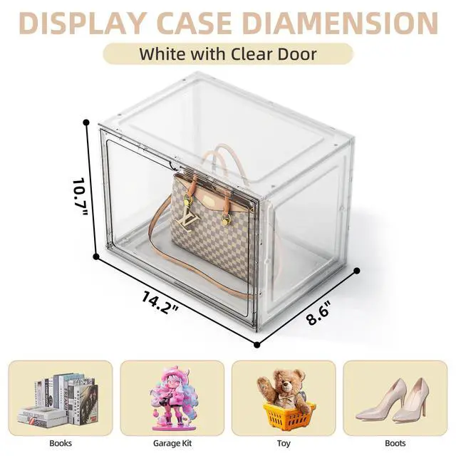 Alt view image 6 of 7 - 5 Pack Purse Organizer for Closet, Handbag Storage Organizer Stackable Display Case with Magnetic Door, Closet Storage Bins for Handbag, Purse, Backpack, Collectibles, White