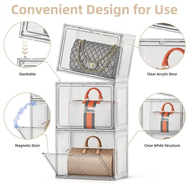 Alt view image 7 of 7 - 5 Pack Purse Organizer for Closet, Handbag Storage Organizer Stackable Display Case with Magnetic Door, Closet Storage Bins for Handbag, Purse, Backpack, Collectibles, White