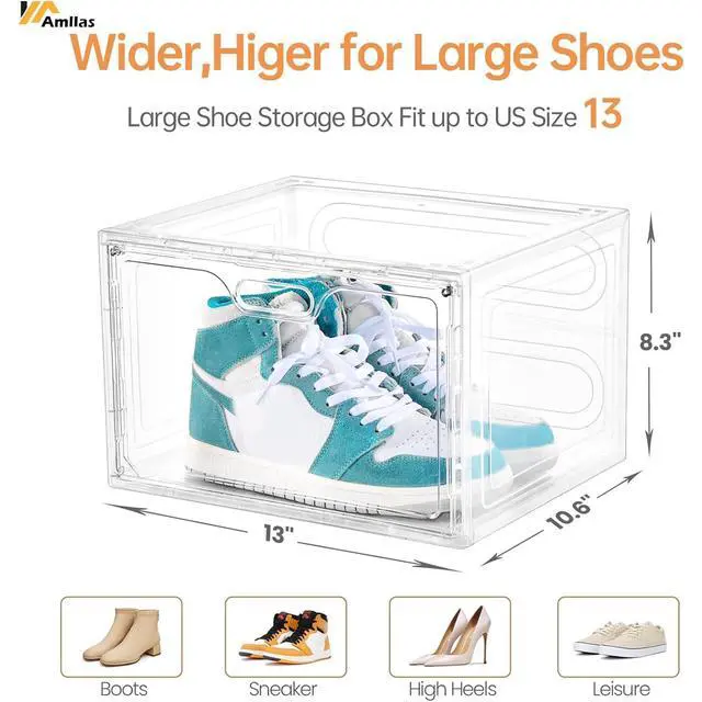 Alt view image 2 of 7 - 8 Pack Shoe Boxes Clear Plastic Stackable, Large Shoe Storage Organizer with Lids,Drop Side Shoe Containers for Entryway,Sneaker Storage Fit up to US Size 13 (13x 10.6x 8.3)
