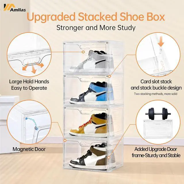 Alt view image 3 of 7 - 8 Pack Shoe Boxes Clear Plastic Stackable, Large Shoe Storage Organizer with Lids,Drop Side Shoe Containers for Entryway,Sneaker Storage Fit up to US Size 13 (13x 10.6x 8.3)